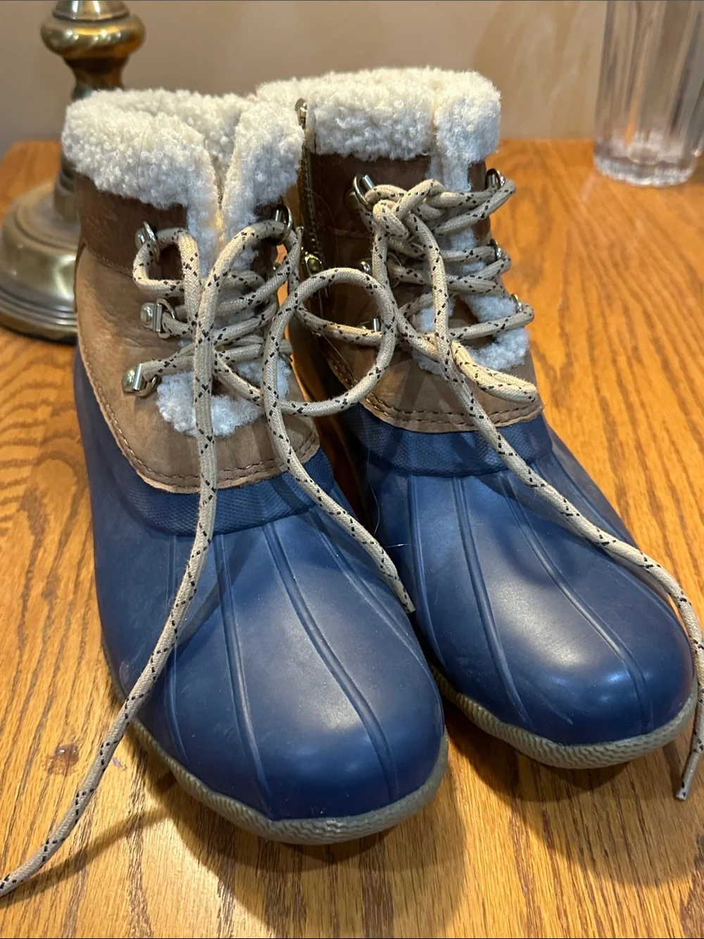 Sperry Navy and Tan Faux-Shearling Lace-Up Winter Boots
